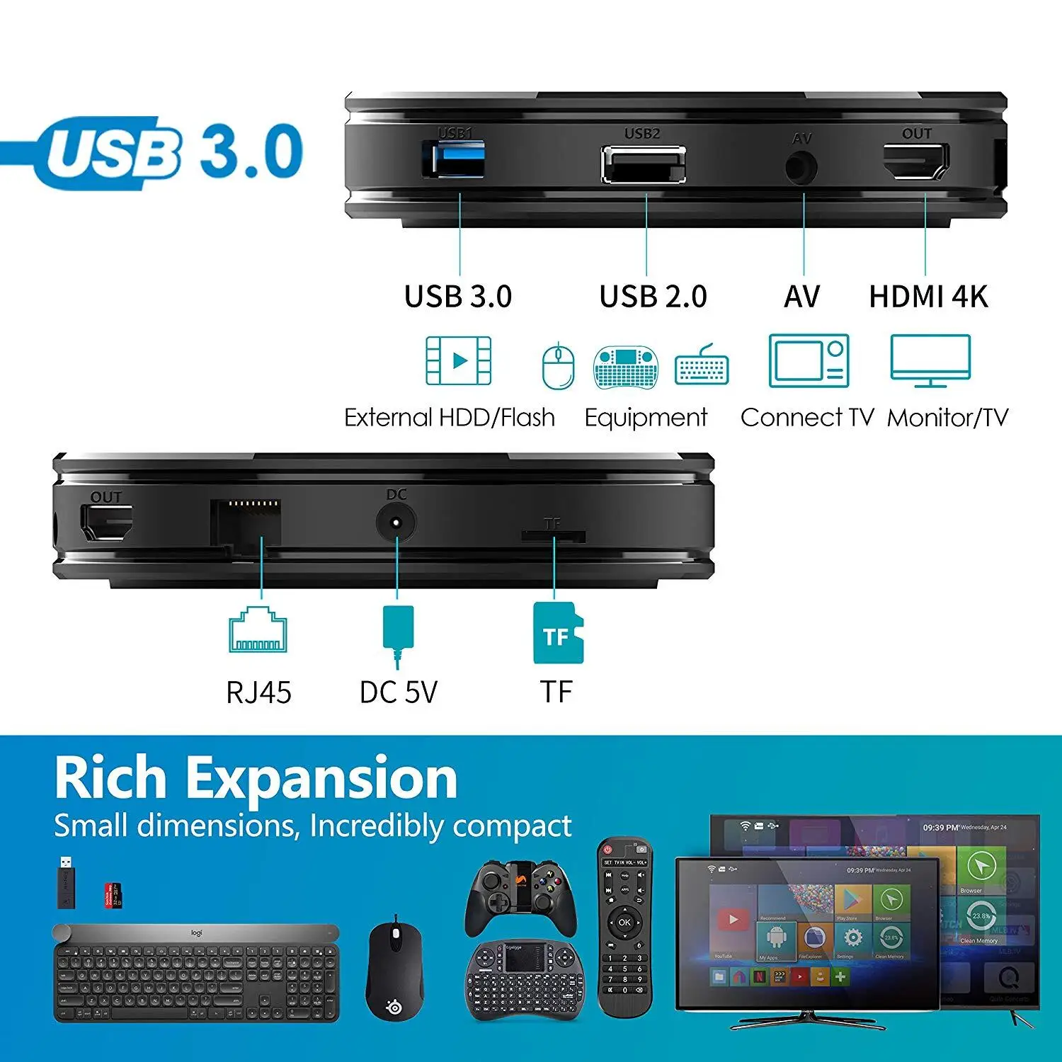 RK3318 четырехъядерный 2 4G/5G WiFi HK1 мини + ТВ приставка Android 9 0 2G 16G/4G 32G/4G 64G HDMI 3 USB AV RJ45 TF MINI