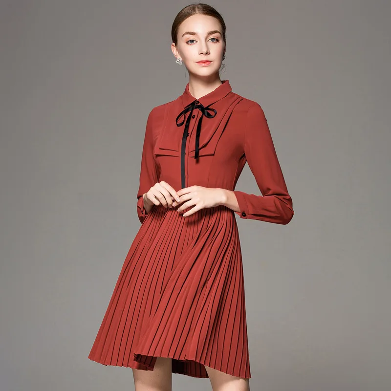 Высокое качество женское платье 2018 осенняя одежда дамы Turn-Down Воротник