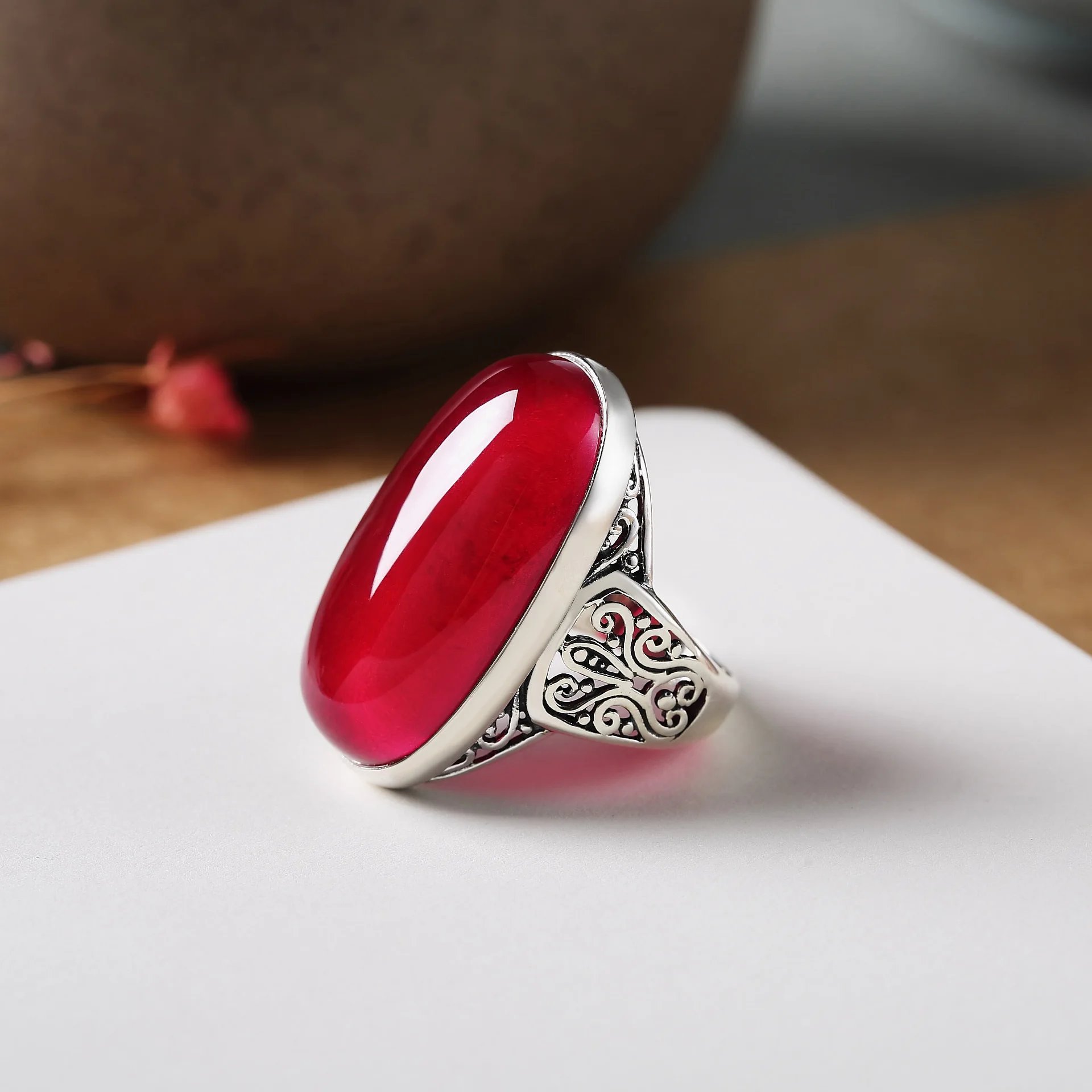 

High Quality 925 Sterling Silver Wedding Rings For Women Vintage hand carved Red Stone Carnelian Fine Ring For Gift