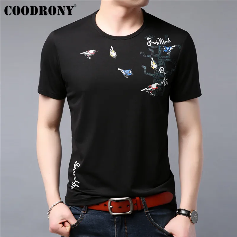 Черный COODRONY, Мужская футболка, лето, Новые Топы, уличная одежда, повседневная футболка с коротким рукавом, Мужская футболка с рисунком птиц и круглым вырезом, Homme S95109 - Цвет: Черный