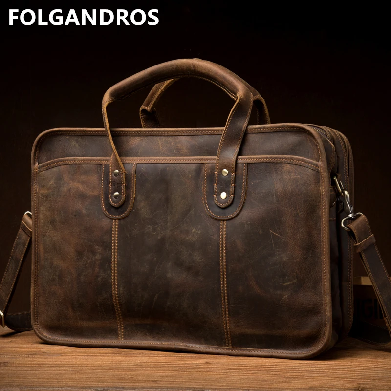 Мужской портфель из натуральной кожи винтажный вместительный ручной работы