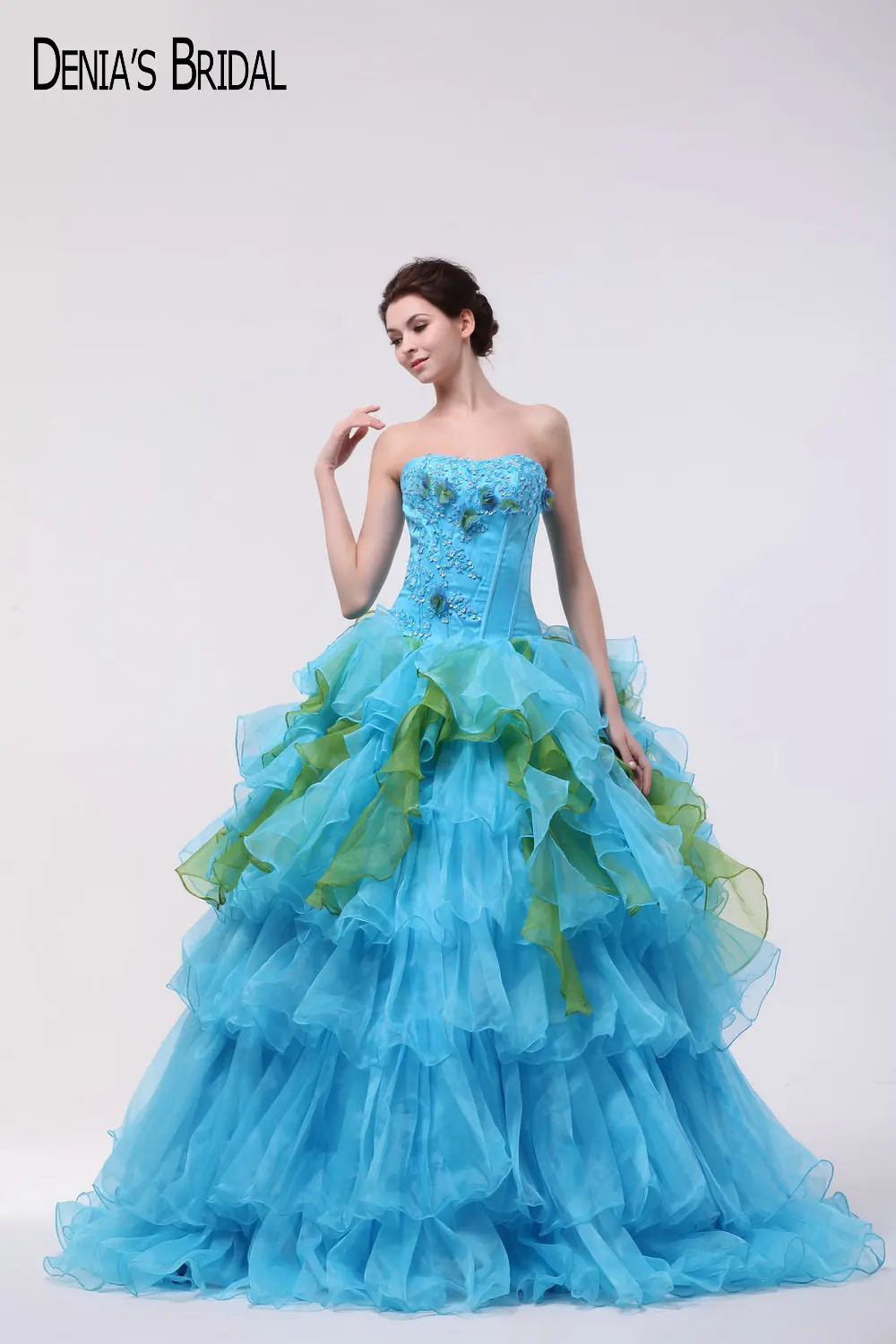 Реальные фотографии бальное платье без бретелек голубое зеленое вечернее с