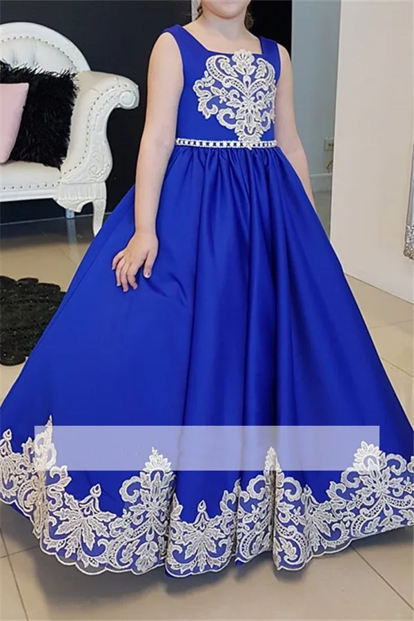 

Royal Blue Flower Girl Dresses For Weddings Ball Gown Square Satin Lace Long First Communion Dresses For Little Girls