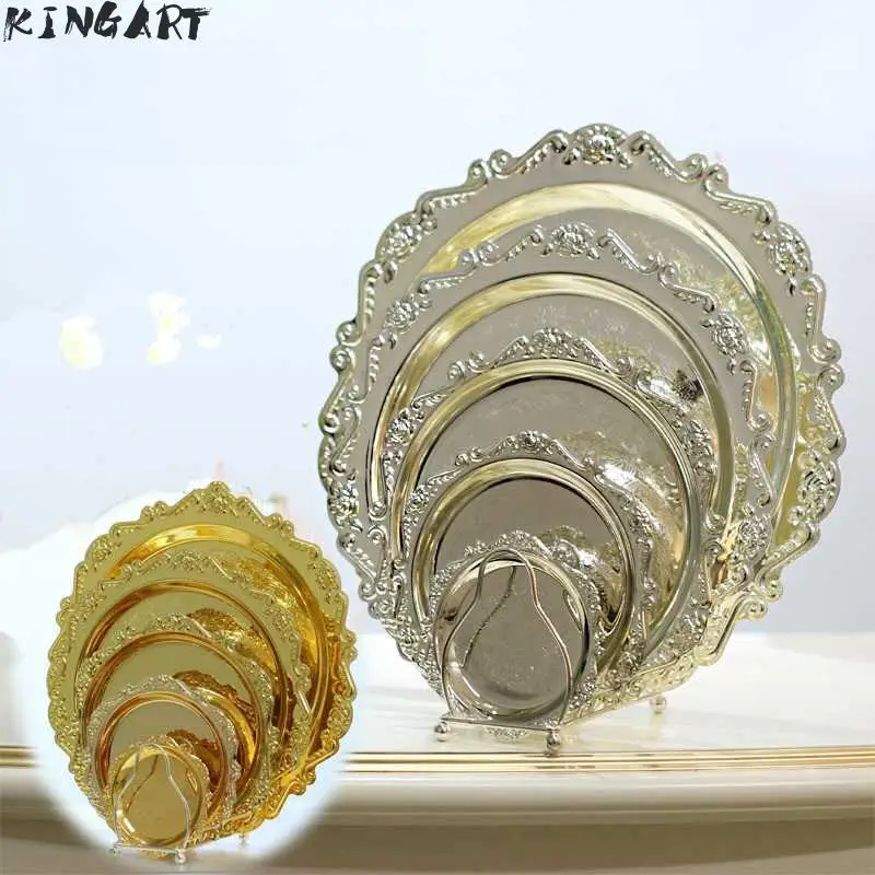 Plato redondo grande de Metal chapado en plata/oro para servir pasteles, bandeja para aperitivos, plato de postre pequeño plateado 24935163
