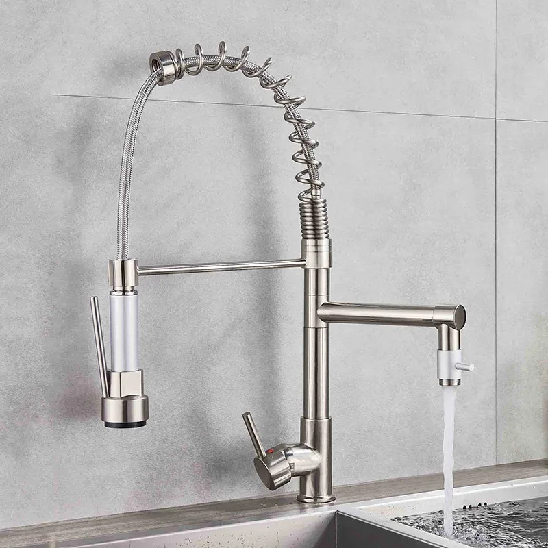 Brushed Nickel A Черный смеситель для кухни, вытяжной пружинный кухонный смеситель для раковины, двойной распылитель с носиком, 360 Поворотный кран, mezclador de la cocina del grifo - Цвет: Brushed Nickel A