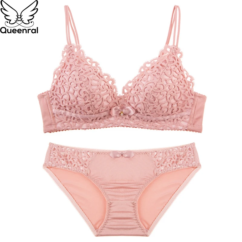 Queenral 32 38 AB Cup Underwear Set For Women Bra Comfortable Breathable Push Up Brassiere Brief Wire Free Ladies Intimates