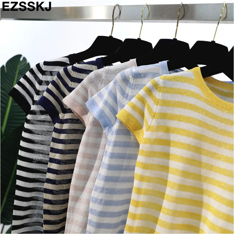 thin summer striped knit t-shirt Women short sleeve T-Shirt bling O-neck cool Glitter Basic t-shirt sexy shiny top