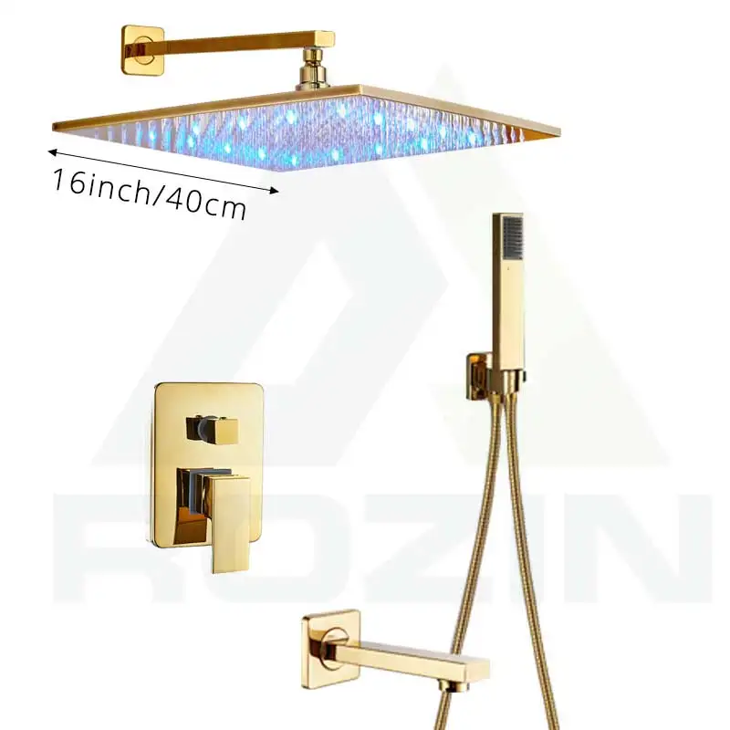 16 inch shower head Светодиодный светильник, Золотой смеситель для душа с одной ручкой, смеситель для душа с латунным носиком для ванны, светодиодный душевой кран для ванной - Цвет: 16 inch shower head
