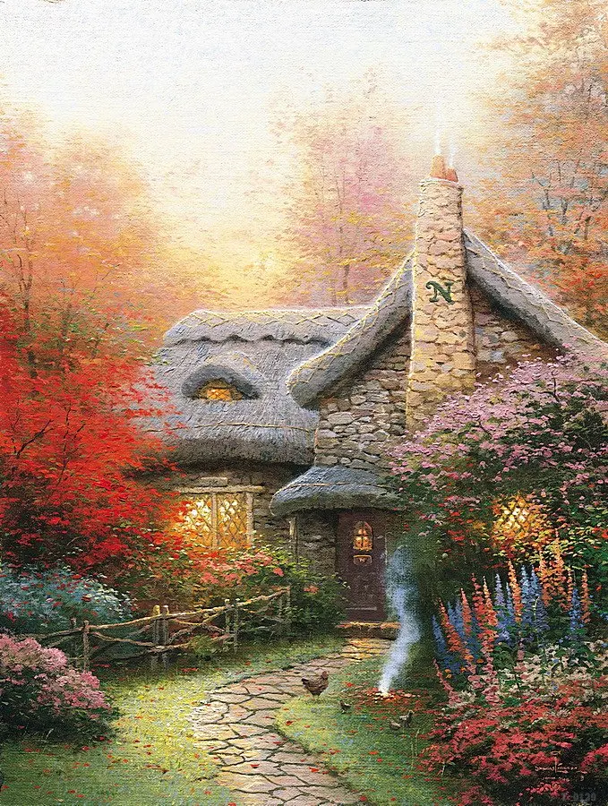 Картина на холсте Thomas Kinkade осень в Эшли Коттедж с принтом Современные художники