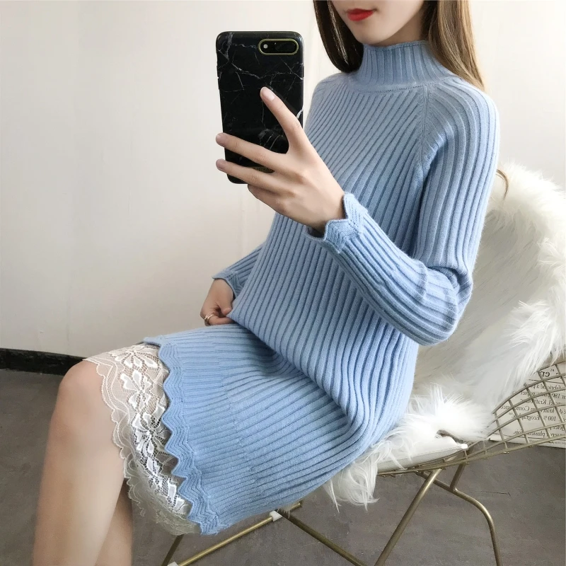 Lace Patchwork Knitted Cotton Sweater Dresses Bottom Knitwear Women Vintage Loose Turtleneck Pullover Femme LJ0930 | Женская одежда