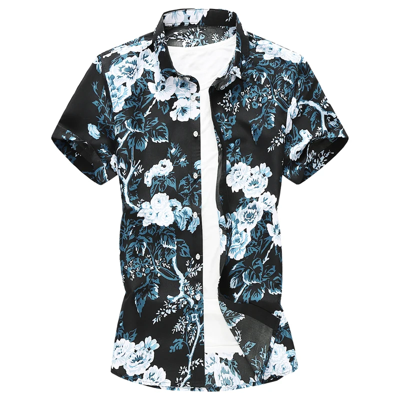 

Summer New Men Floral Printed Hawaiian Vacation Party Casual Shirts Hip Hop Fashion Short Sleeve Black Shirt Plus Size 6XL 7XL