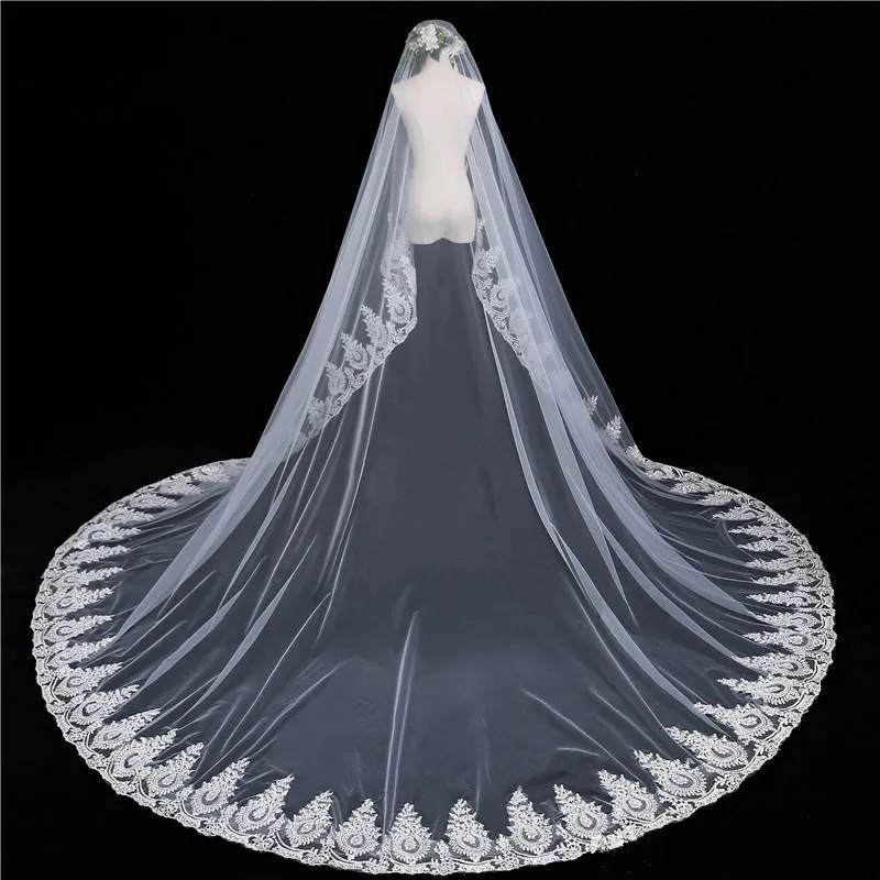 

2019 Charming Bridal Veils White Ivory Long Train Lace Applique Edge Wedding Veils Blusher Face Bridal Accessories
