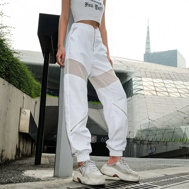 Woherb Summer Harajuku Cargo Pants Women Full Length White Trousers Modis Gauze Patch Perspective High Waist Pant 22655