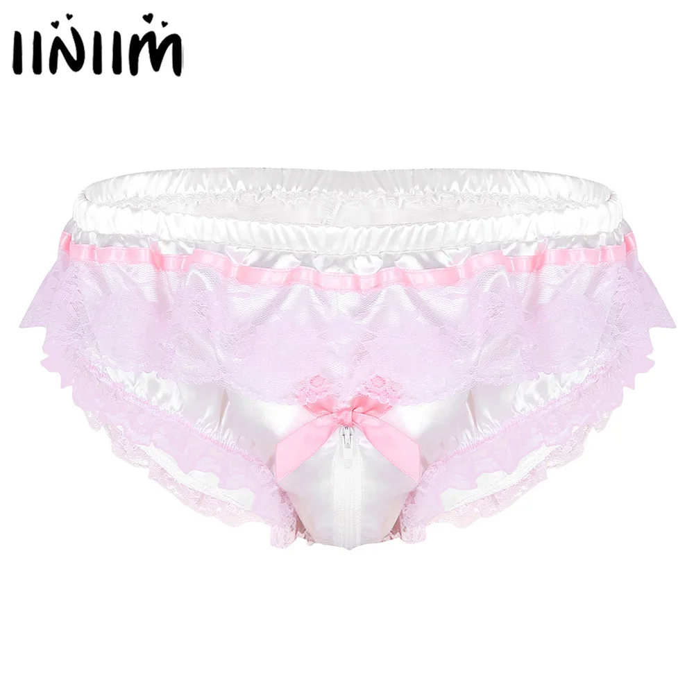 Мужские трусы бикини Sissy блестящие кружевные трусики с оборками на молнии
