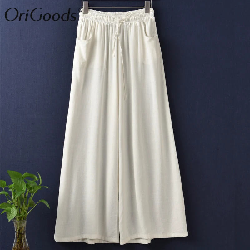 

OriGoods Linen Wide leg Pants Women Plus size Summer Pants Vintage Elegant Wide leg Trousers Women Solid Black White Pants B246