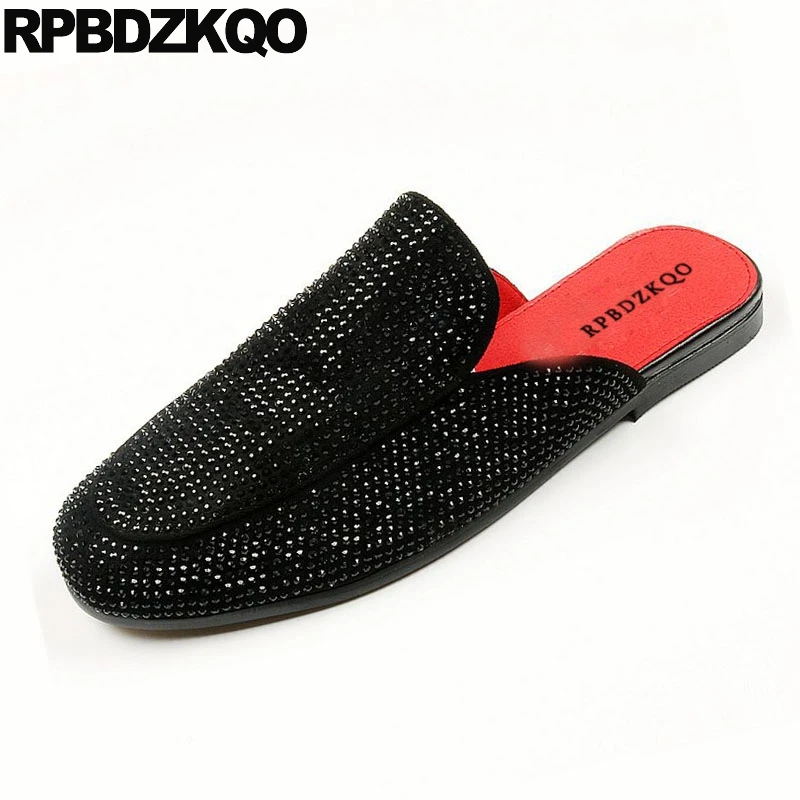 Мюли мужские с вышивкой черные кожаные дышащие туфли без застежки закрытым