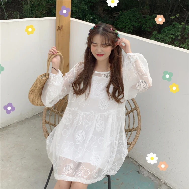 Женское ажурное свободное платье с вышивкой Ins Kawaii Ulzzang Женская милая панк-одежда