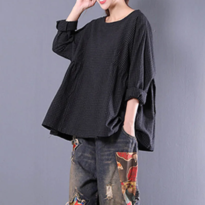 Блузка женская в клетку с круглым вырезом и длинным рукавом повседневная