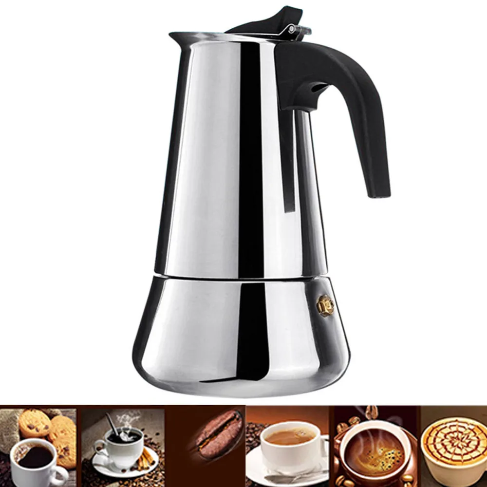 Кофейник из нержавеющей стали, кофейник Mocha Moka, эспрессо, латте, плита, кофейник, фильтр, 100 мл, 200 мл, 300 мл, 450 мл, кофемашина