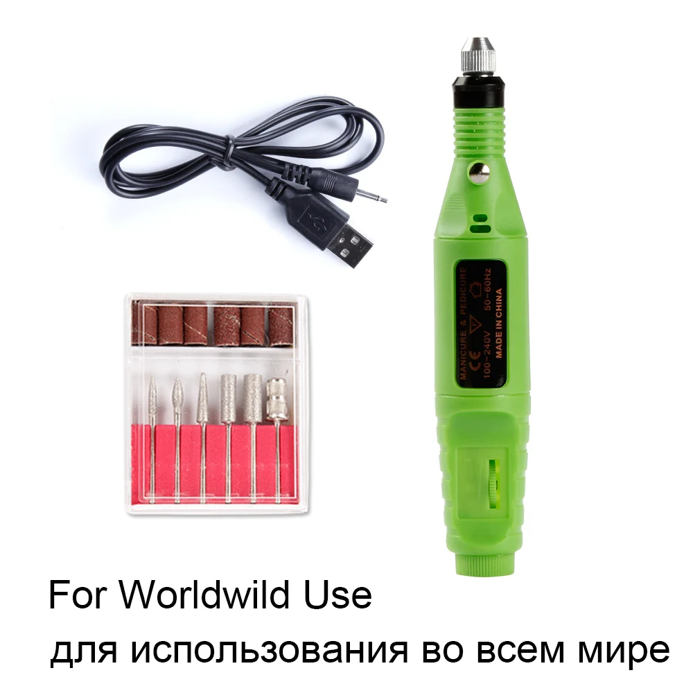 Green USB Электрический аппарат для маникюра, сверлильный станок для ногтей, фрезерные сверла, набор для дизайна ногтей, шлифовальный пилочка для удаления геля, педикюрная фреза - Цвет: Green USB