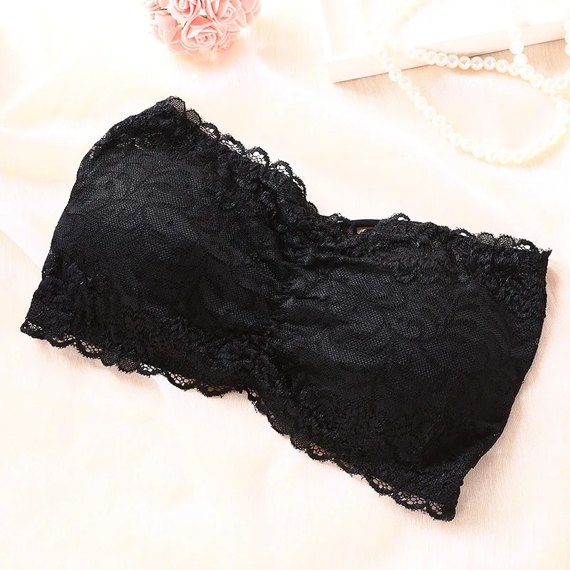 Female Lace Bra Wire Free Backless Hollow Wrapped Chest Women Floral Full Cup Strapless Underwear | Женская одежда