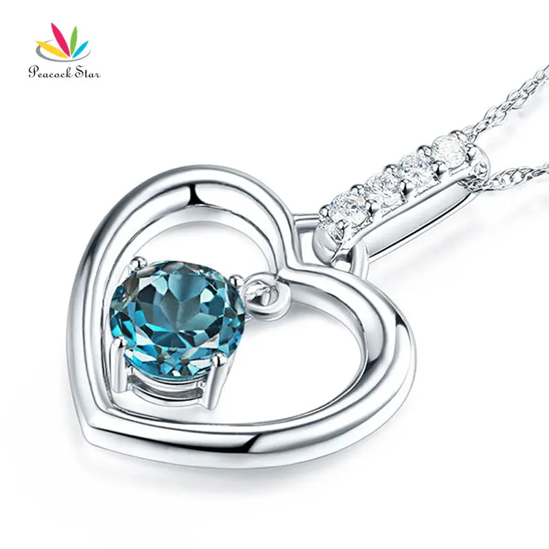 Звезда павлина изящное 14K белое золото Лондон голубой топаз кулон в виде сердца