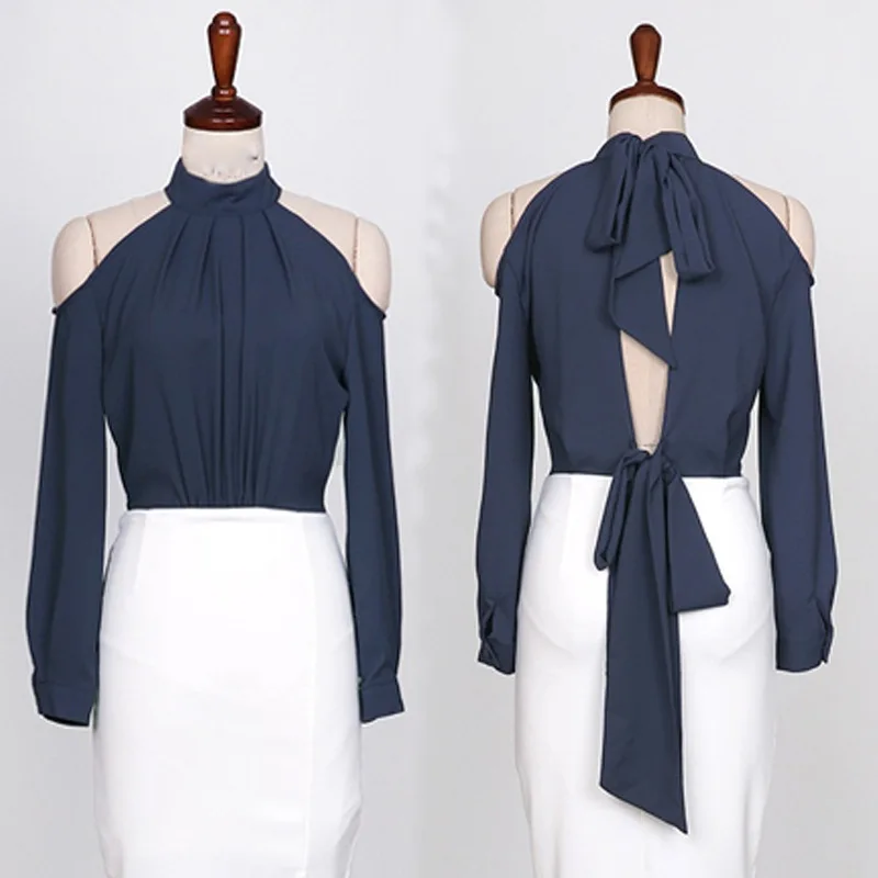 Комплект из 2 предметов Осенний синий топ с лямкой на шее и длинным рукавом