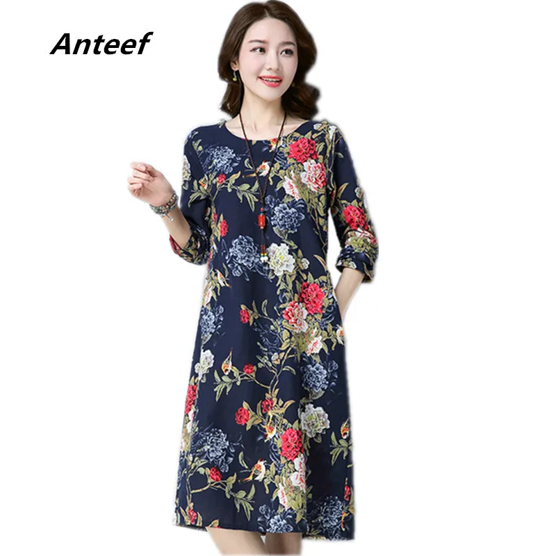 Женское винтажное платье миди с длинным рукавом размера плюс из хлопка и льна