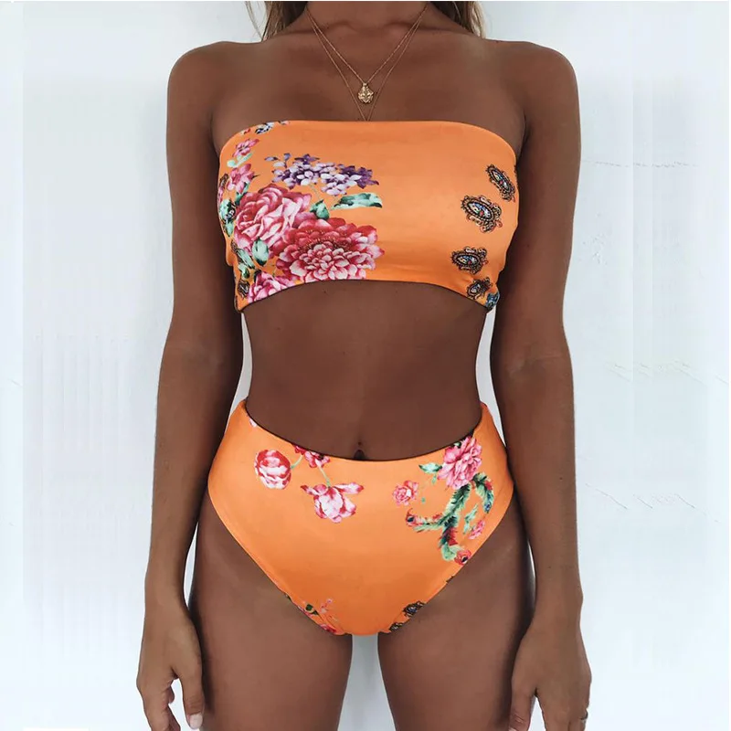 2019 Retro Sexy Yellow Striped Strapless Bandeau Biquini Cut High Waist Swim Bathing Suit Swimsuit Swimwear Women Bikini |
