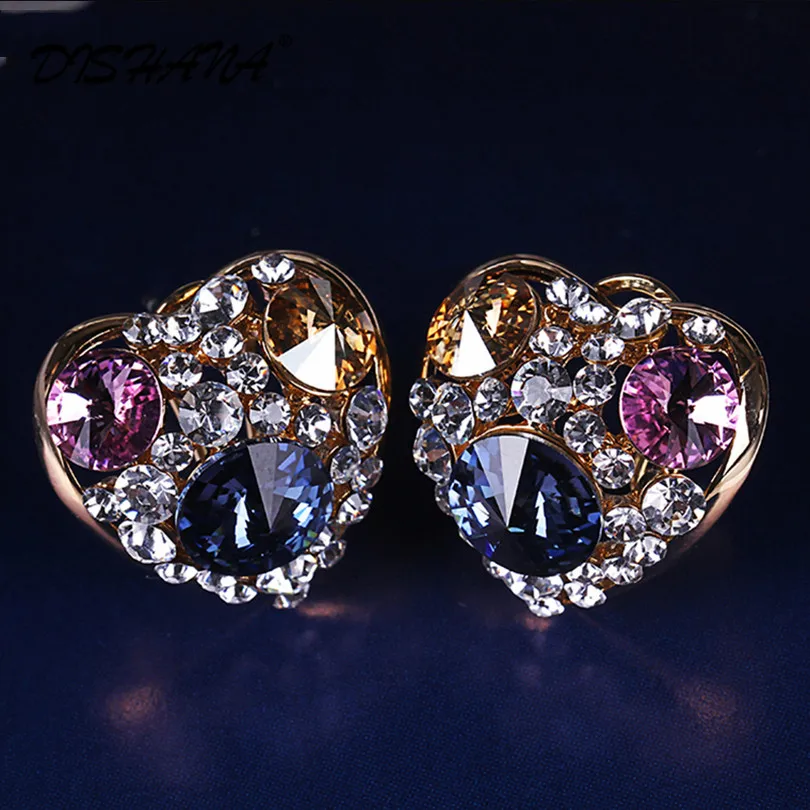 

Mix Colors Romantic Luxury Crystal Earrings for Women Charming 3 Colors Match Heart Rhinestone Ear Clip Wedding Jewelry(E0175)