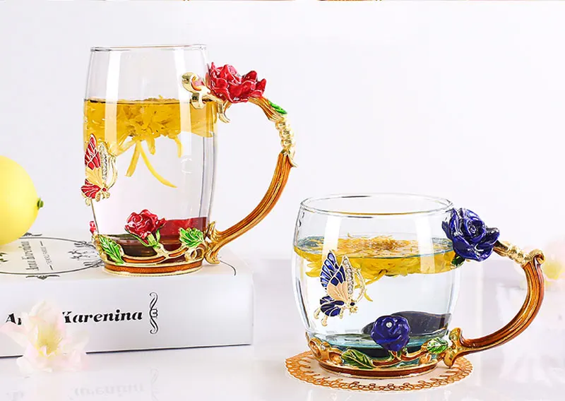 Beauty And Novelty Enamel Coffee Cup Mug Flower Tea Glass Cups for Hot and Cold Drinks Tea Cup Spoon Set Perfect Wedding Gift