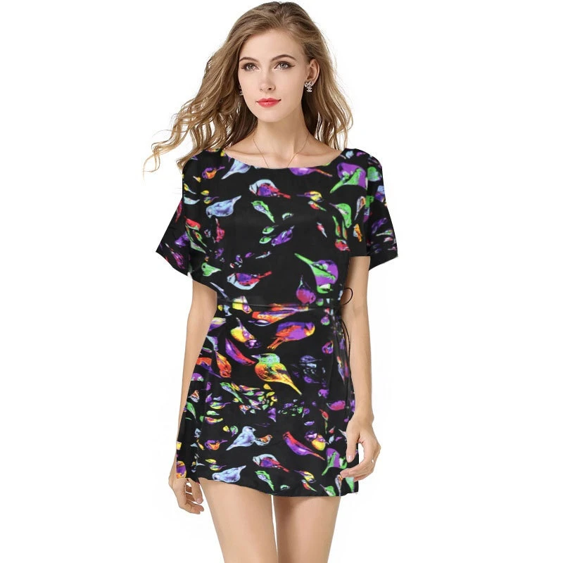 Мода 2017 г. ремень платье птица печати Круглый Воротник Bat рукава случайные