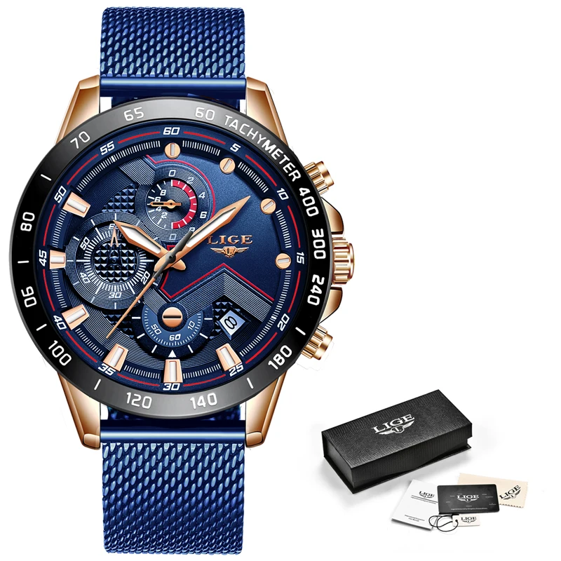

Seven Days Fast Delivery LIGE Mens Watches Fashion Blue Mesh Steel Quartz Watch Men Luxury Business Waterproof Chronograph 2020