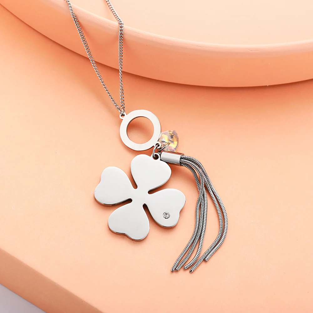 Color Four-leaf Clover Pendant Necklace Women Stainless Steel Crystal Heart Butterfly Tassel Long Style Jewelry Gift | Украшения и