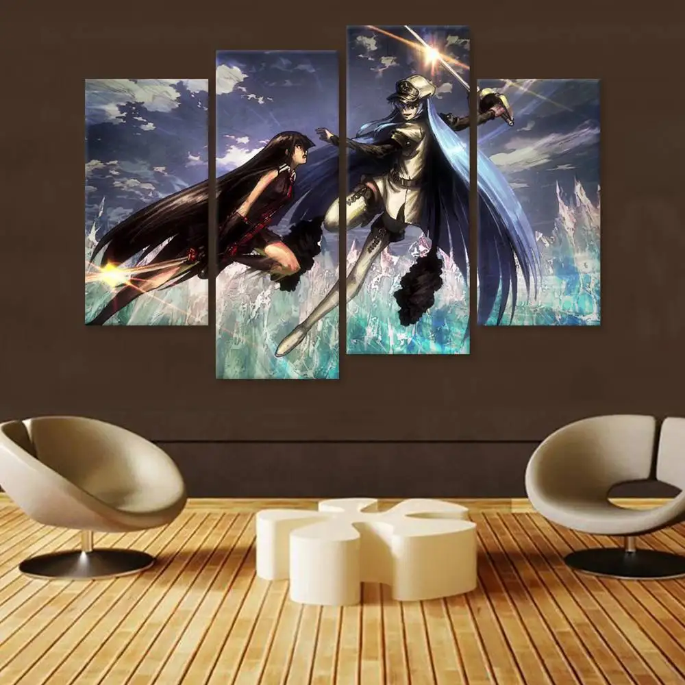 Akame vs Esdeath 4 шт. Картина на холсте аниме плакат Модульная картина для детской