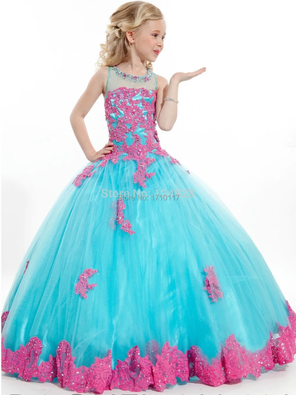 2015 Girls Pageant Dresses Ball Gown High Collar Blue Green Red Beaded Baby Little Tutu Flower For Wedding | Свадьбы и торжества