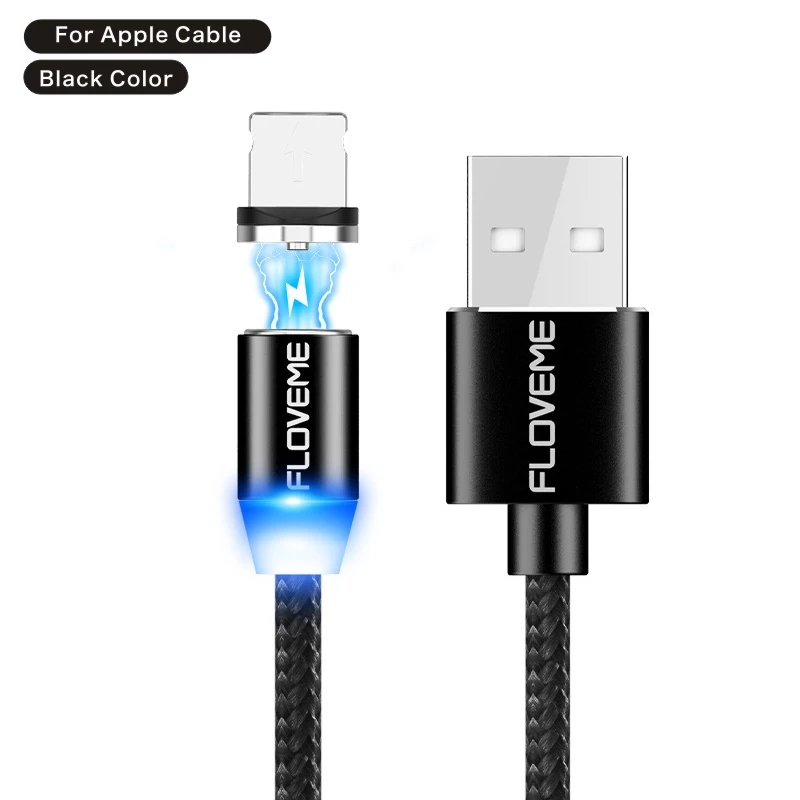 For Apple Black FLOVEME 2A Магнитный зарядный кабель для быстрой зарядки Micro usb type C кабель для освещения USBC/type-C кабель для iPhone samsung - Цвет: For Apple Black