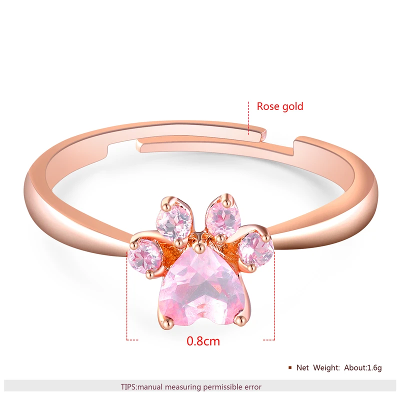 Cute Bear Paw Кошачий коготь открытие Регулируемый кольцо из розового золота Кольца