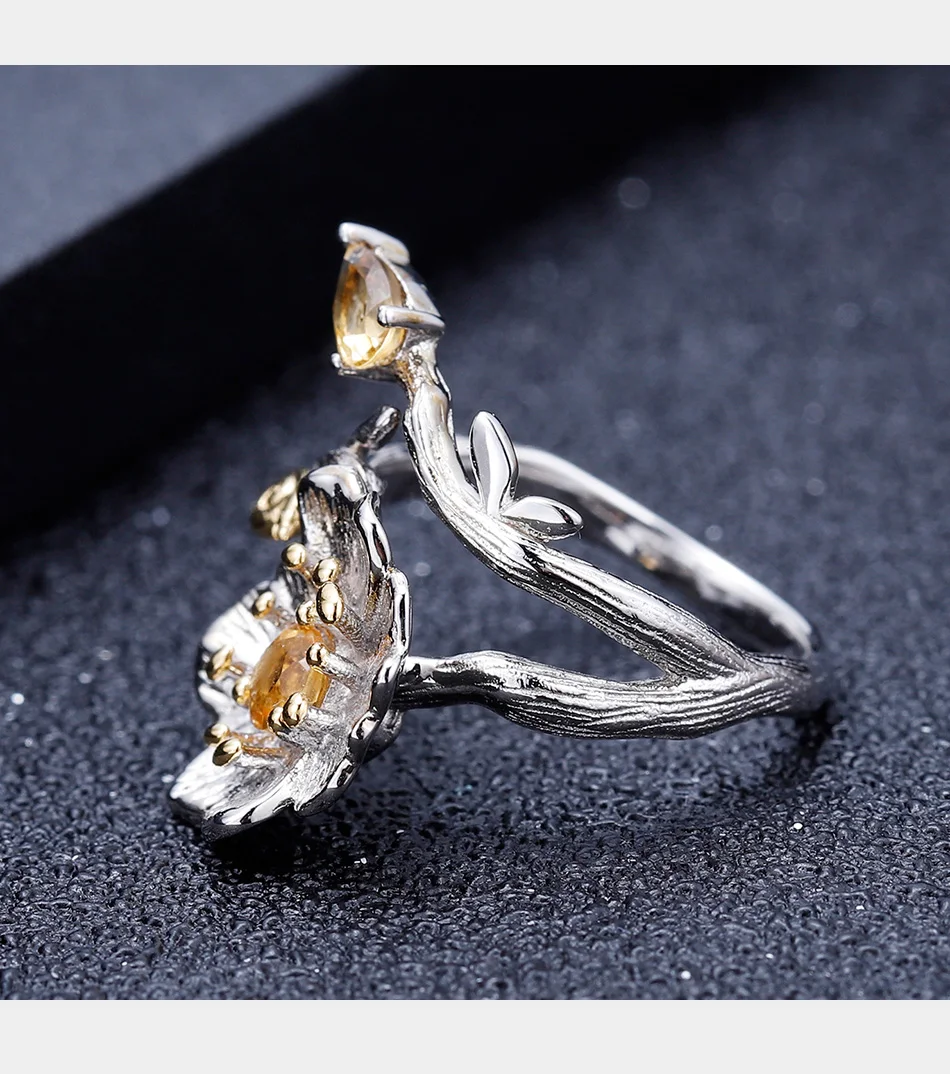 Ювелирные балетные 0.65Ct натуральный цитрин драгоценный камень кольцо 925 пробы серебро ручной работы цветущие Маки цветок кольца для женщин Bijoux