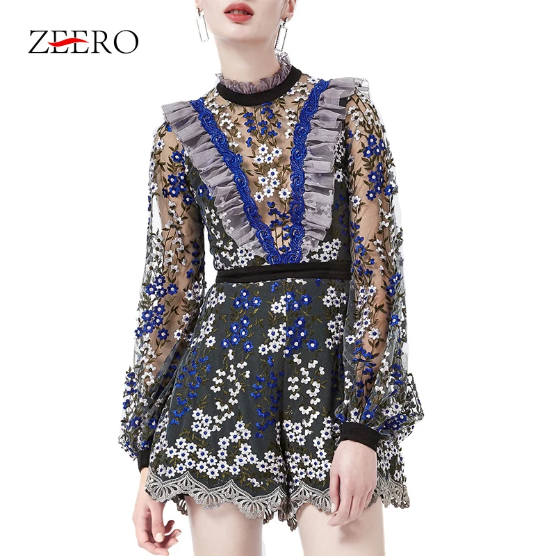 2019 сексуальный сетчатый прозрачный кружевной комбинезон с вышивкой и широкими