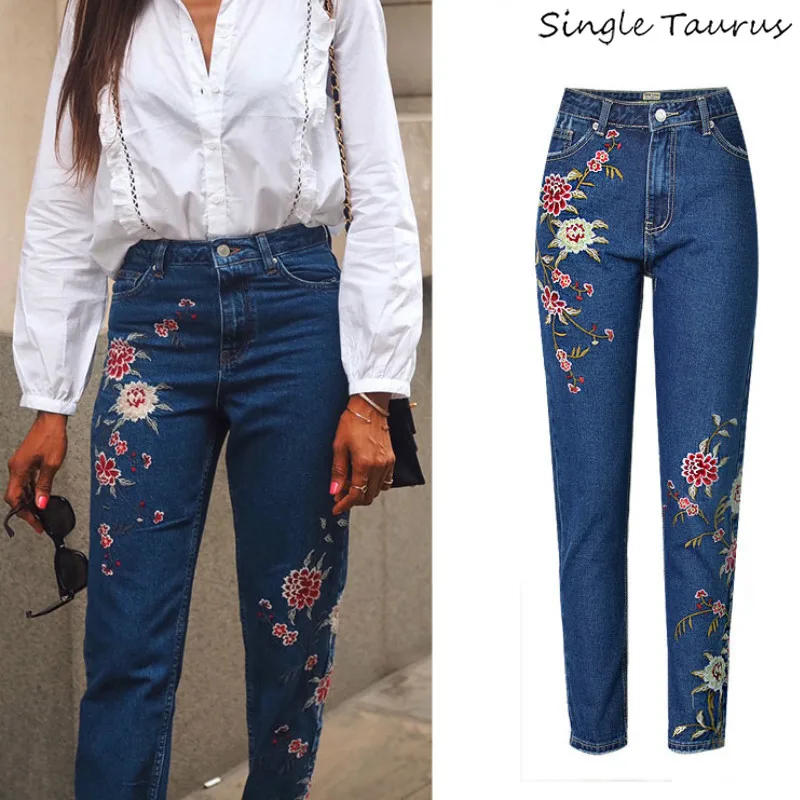 Джинсы с вышивкой для женщин модные английский стиль высокая талия тонкие