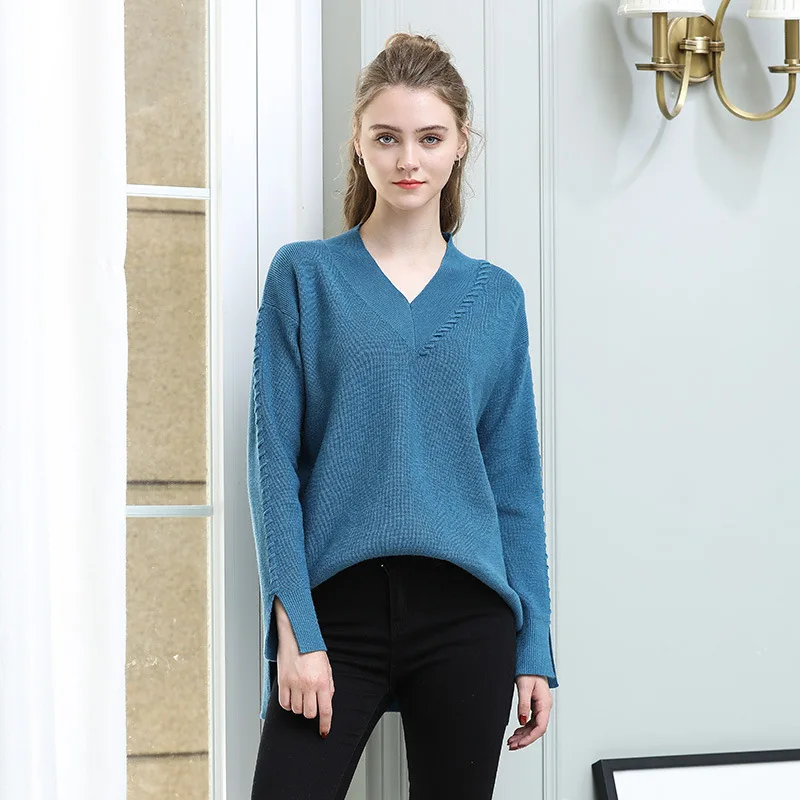 Женский трикотажный пуловер с V-образным вырезом большого размера | Женская