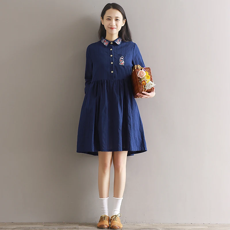 2019 new women Autumn Vintage cotton fresh heart embroidery slim dresses Women's Spring retro clothes plus size casual dress | Женская