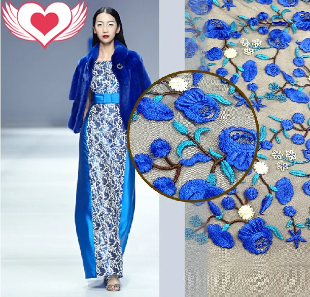 

Heavy Blue Embroidery Cheongsam Embroidered Gauze Fabric Lace Dress Clothing DIY Fabrics for Dress Per Meter Sewing Material
