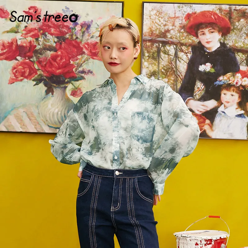Samstree Tie Dye женские рубашки с принтом, осень, модные уличные женские блузки с длинным рукавом, винтажные свободные топы в Корейском стиле