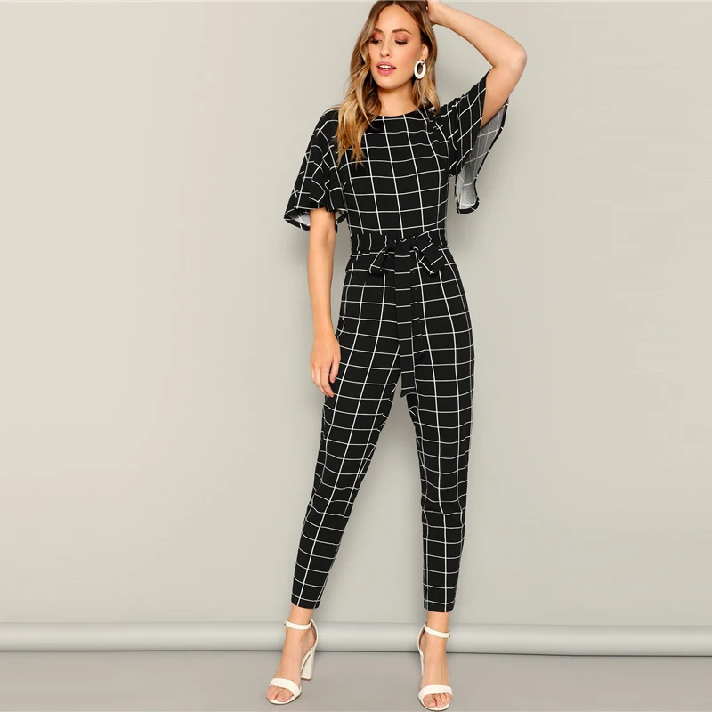 SHEIN Элегантный Комбинезон В Клетку С Оригинальным Рукавом И Поясом Комбинезон С Завышенной Талией