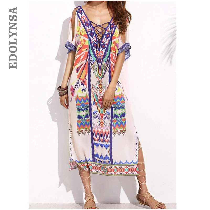 Brand Fashion Printed Kaftan Dress Back Hollow Open Fork Sexy Tied Rope Party Dresses Soft Womens Clothing #D102 | Женская одежда