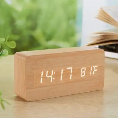 Cube Wooden Clock Voice Control Digital alarm clock snooze led light clock Electronic table Watch Nixie Wood Bedside Alarm Clock - Цвет: YellowWhite