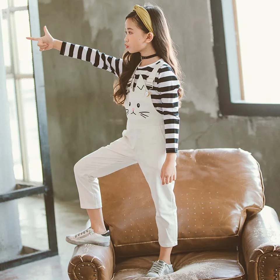 Комплект одежды для девочек подростков осень 2019 полосатые футболки с длинными