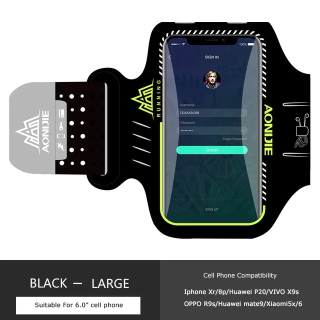 Black Large AONIJIE Нескользящая Светоотражающая спортивная повязка на руку для iPhone 6 p/7 p huawei Mate9 нарукавная повязка 6,0 дюймов Универсальный чехол для бега велоспорта спортзала - Цвет: Black Large
